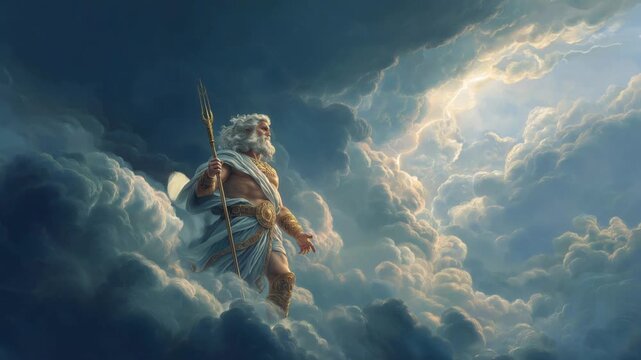 Zeus, the god of thunder, appears among clouds, holding a lightning bolt. He looks powerful and determined as he commands the sky. This moment captures the essence of his strength and authority.