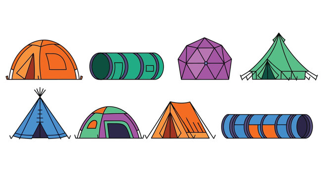 Colorful cartoon illustrations of various types of tents and shelters
