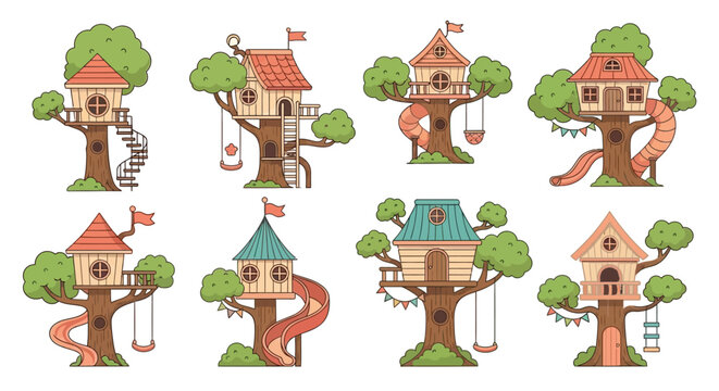 Charming collection of colorful treehouses nestled among lush green trees
