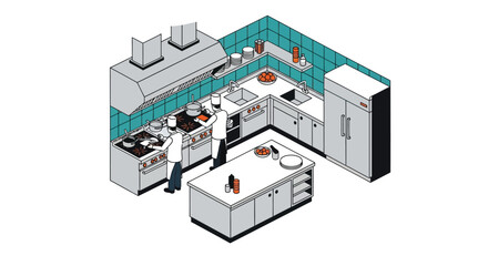 Fototapeta premium Isometric illustration of a professional kitchen with chefs at work