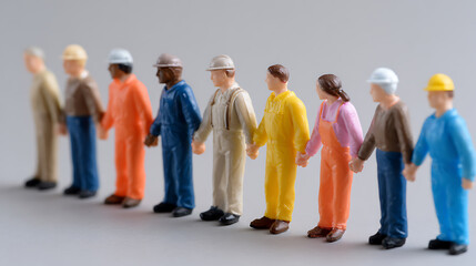 Fototapeta premium Diverse group of miniature worker figures in colorful safety overalls and hard hats, holding hands, symbolizing unity and collaboration in workforce