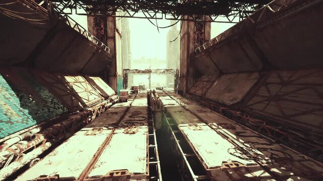 sunlit megastructure corridor with courier racing along central rail, towering concrete walls, turquoise panels, highcontrast glare, urban canyon vibe