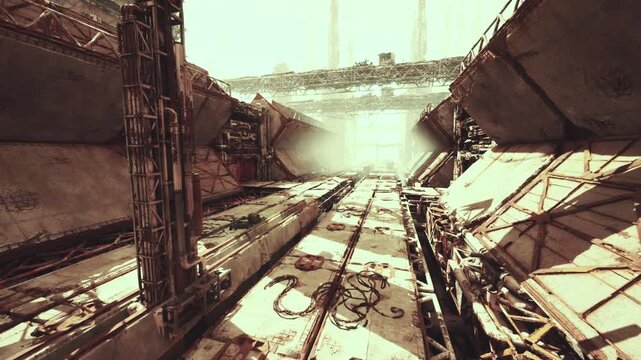 Sunlit abandoned drydock corridor with rust and sunlit tracks leading toward distant hazy horizon urban explorer imagines salvage mission while drone frames