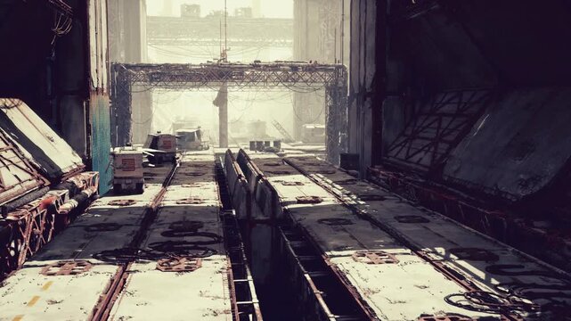sunlit abandoned industrial warehouse interior showing long twin tracks, stacked crates, rusted beams, dust motes, distant city window, moody cinematic
