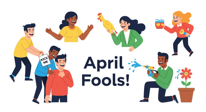 A group of people playfully celebrating april fools day with pranks