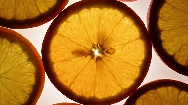 Top view of backlit orange slices rotating around central slice. Bright citrus composition with smooth circular motion creates clean geometric pattern and fresh abstract background