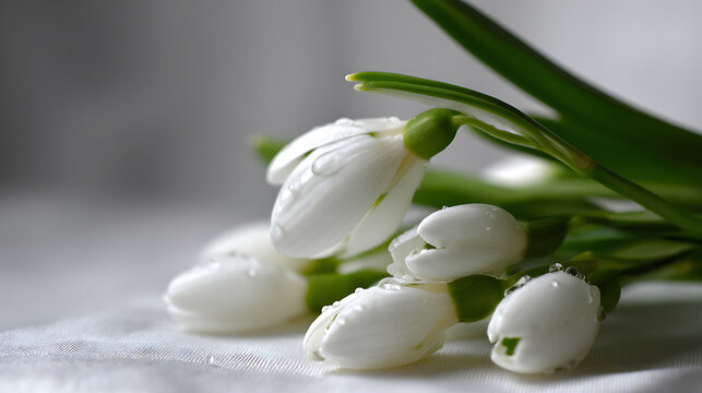 Fresh white early bloomers with delicate water drops, symbolizing new beginnings and clean purity in a serene, gentle close-up setting
