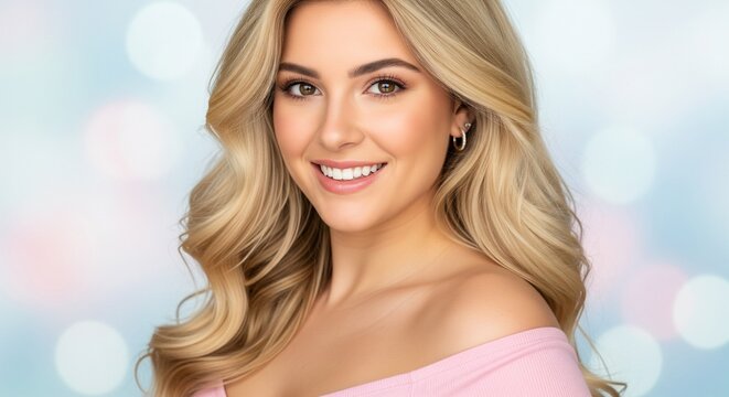 Beautiful blonde woman smiling with elegant wave hairstyle and light makeup on a blurred bokeh light background in a studio setting