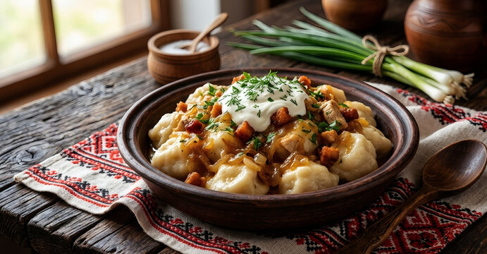 Traditional Ukrainian halushky dumplings with sour cream and fried onions.