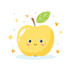 Obraz premium Cute yellow apple character with smiling face and green leaf, sparkling stars, and hearts