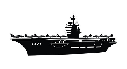 A striking black silhouette of a naval aircraft carrier with fighter jets on deck showcasing maritime power silhouette high quality professional © rabbivay