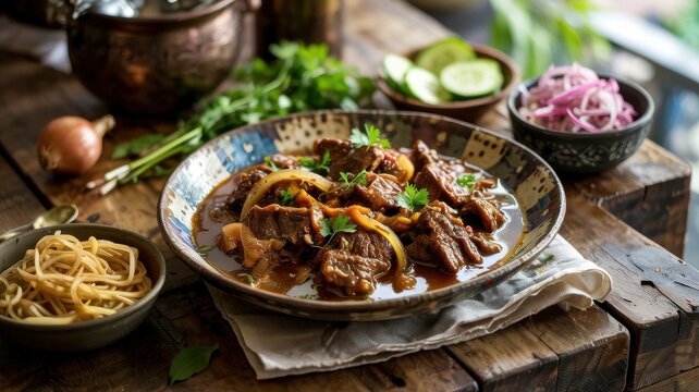 Indian cuisine. Nihari, a traditional meat stew. This dish is appreciated for its tender, literally fiber-splitting meat and rich, thick gravy.