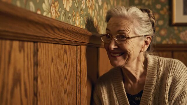 nosy caucasian senior woman eavesdropping through wooden wall. smiling elderly lady spying on neighbors, listening to secrets or gossip. curiosity concept. humor, lifestyle, storytelling visual.