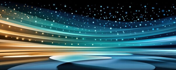 Fototapeta premium Abstract blue digital stage with circular podium and glowing light swirls against a dark background