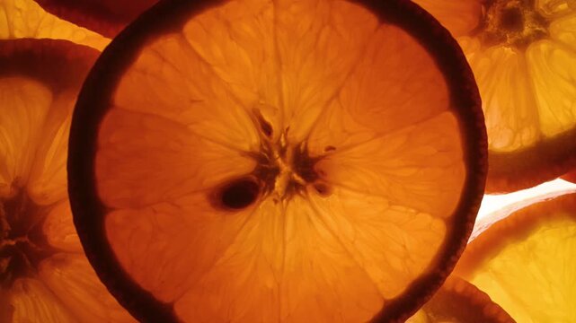 Backlit macro of orange slice revealing glowing citrus texture.Translucent light highlights natural freshness and vibrant tone creating beauty skincare inspired background with organic clean aesthetic