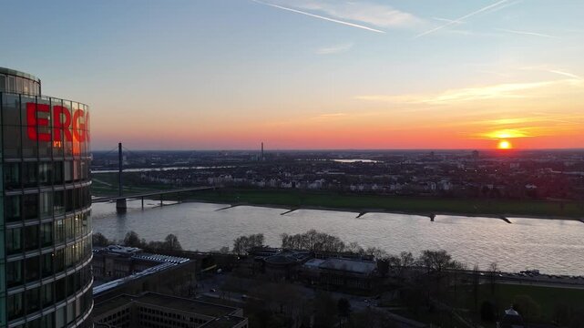 Sunset skyline with Ergo tower and red lettering