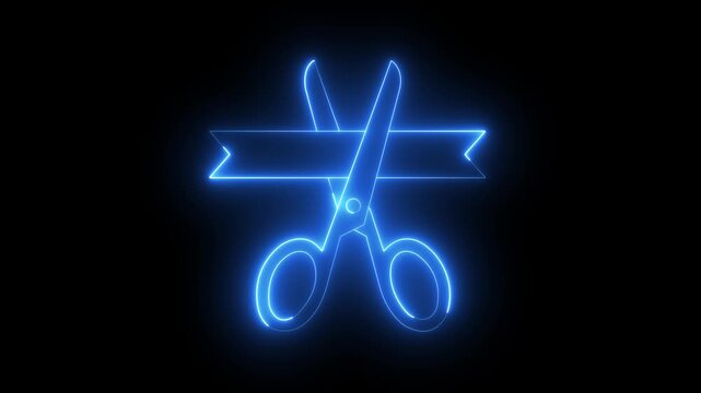 glowing neon Grand opening icon, ribbon cutting icon isolated on black background. Grand opening with scissors cutting ribbon for business inauguration and celebration events. 4k video animation.