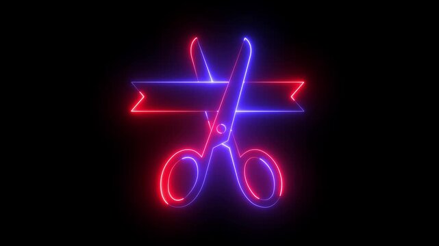 glowing neon Grand opening icon, ribbon cutting icon isolated on black background. Grand opening with scissors cutting ribbon for business inauguration and celebration events. 4k video animation.