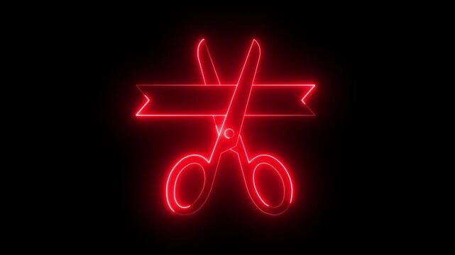 glowing neon Grand opening icon, ribbon cutting icon isolated on black background. Grand opening with scissors cutting ribbon for business inauguration and celebration events. 4k video animation.