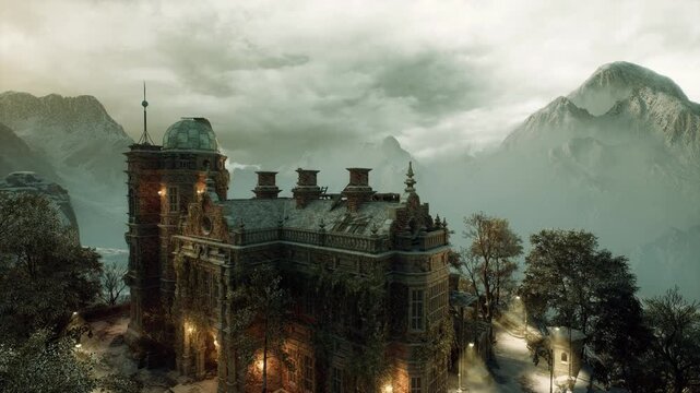historic mountain library and study under moody sky with lit windows and ornate rooftop, quiet scholarly sanctuary evoking dark academia, research retreat