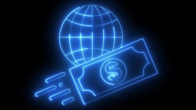 glowing neon global money transfer icon isolated on black background, international currency exchange symbol, fast cash sending icon. Dollar icon with world, International money transfer. 4k video.