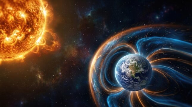 Sun, radiating intense solar flare, generating geomagnetic storm, affecting Earth's protective magnetosphere, deflecting energetic particle, creating celestial aurora.