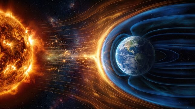 Solar flare eruption causing geomagnetic storm, Earth's magnetosphere protecting planet from intense radiation, cosmic particle emission, solar wind activity, space weather disturbance.