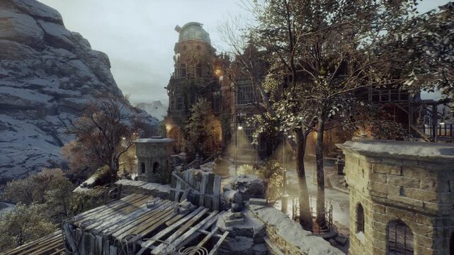 stone chapel courtyard at dusk with warm lamps and scattered leaves, low fog drifting between columns, ivydraped walls and narrow stair lead to hidden alcoves,