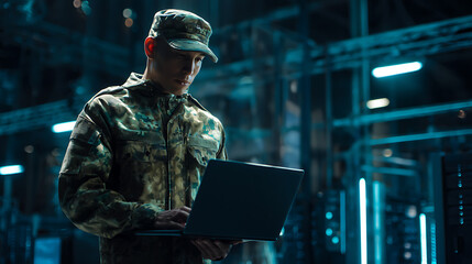Naklejka premium Focused Young Person in Military Camouflage Uniform Work on Laptop Computer within High-Tech Server Room or Data Center Facility at Night