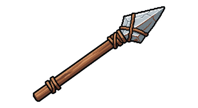 A pixel art depiction of a stone age arrowhead attached to a wooden shaft presented as a silhouette high quality professional