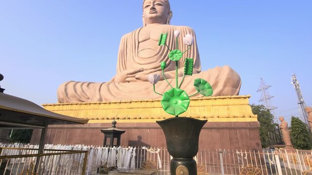 The Great Buddha statue in Bodh Gaya, Bihar, India. Famous Buddhist landmark near Mahabodhi Temple. Symbol of peace, meditation, and spirituality attracting pilgrims and tourists worldwide.