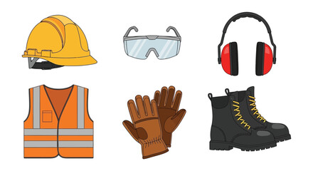 A colorful arrangement of construction safety gear including a hard hat goggles and boots presented as a silhouette high quality professional