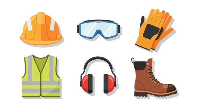 A collection of construction safety equipment including a hard hat goggles gloves and boots silhouette high quality professional detailed modern elegant
