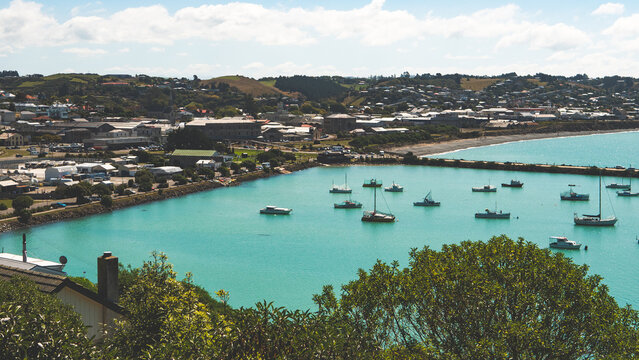 view from above oamaru town harbour sea side ocean calm blue clear scenery landscape beautiful tranquility 