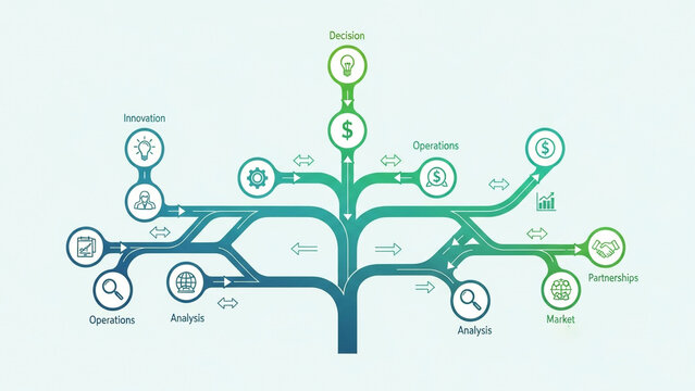 Low Saturation Abstract Decision Tree with Branching Paths Icons and Directional Arrows Showing Strategic Business Options and Scenario Planning
