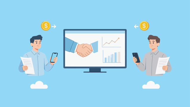 Two men with handshake on screen