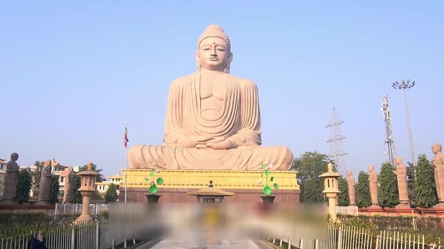 The Great Buddha statue in Bodh Gaya, Bihar, India. Famous Buddhist landmark near Mahabodhi Temple. Symbol of peace, meditation, and spirituality attracting pilgrims and tourists worldwide.