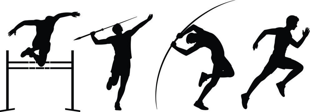 Black and white silhouette illustration of athletes performing track and field sports including hurdling, javelin throw, pole vault, and sprinting, symbolizing motion, strength, and competition.