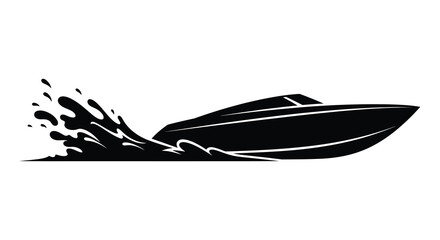 A dynamic black silhouette of a speedboat cutting through water leaving a splashing wake behind it silhouette high quality professional detailed