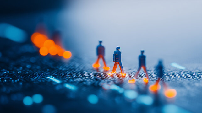 Miniature people walking across a digital surface representing workforce movement, human activity data, and the integration of society with technology.
