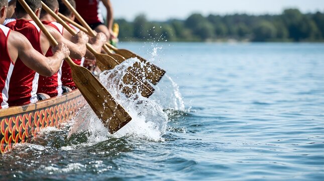 Dragon boat team paddling vigorously on a lake during festival  