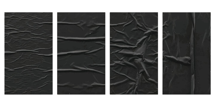Set of four crumpled black paper textures with realistic wrinkles and folds for dark moody poster mockup design