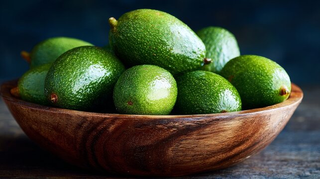 Ripe green feijoas sit in a bowl.