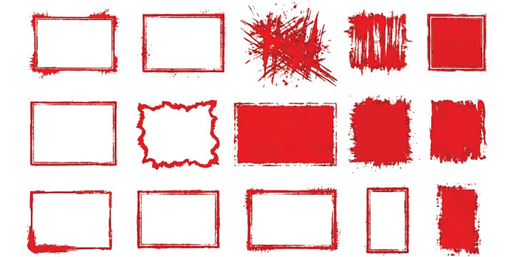 Set of red grunge rectangle frames and textured borders with paint splatters for vintage poster and banner design