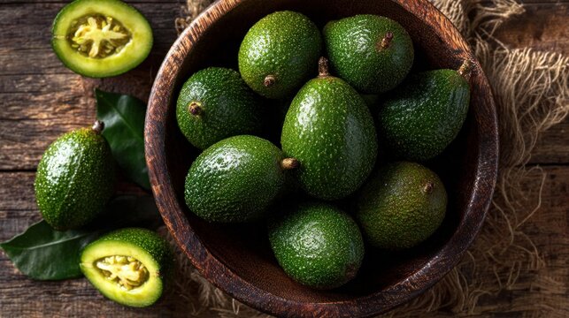 Ripe green feijoas sit in a bowl.