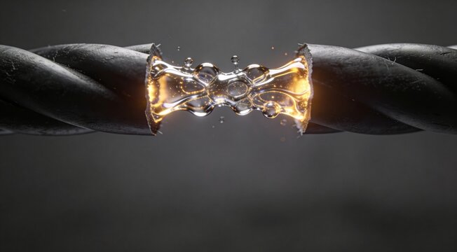 Macro photorealistic visualization of high-tech dark polymer cable self-healing with glowing liquid-metal nanostructures, minimalistic corporate B2B engineering, clean studio background