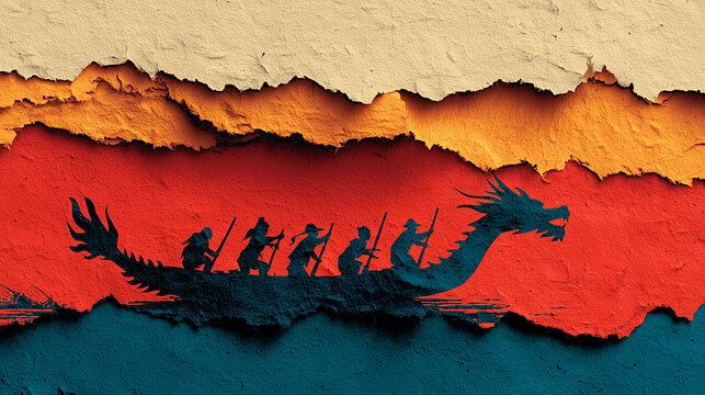 Dragon boat racing scene with traditional dragon along colorful background  