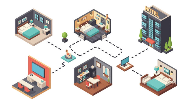 Isometric illustration depicting interconnected hotel rooms and building exterior