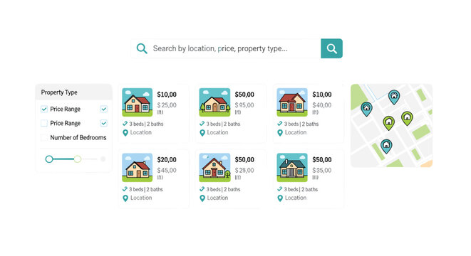 A webpage interface displays property listings with a search bar, filter options, and a map with location pins.