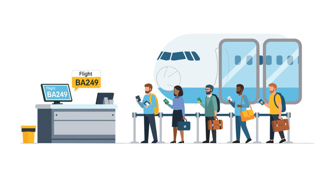 A diverse group of five passengers stands in a queue at an airport check-in counter with an airplane visible behind them.